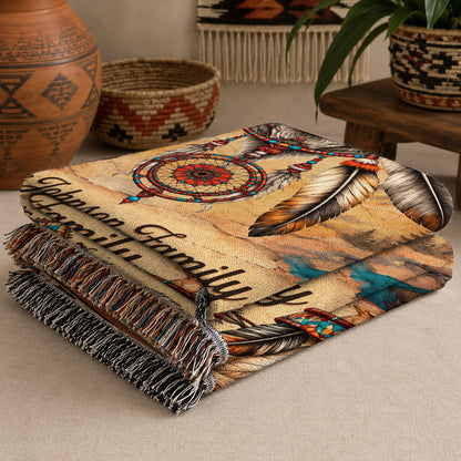 Custom Family Name Native American Wolf Woven Throw Blanket