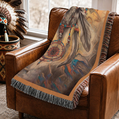 Native American Wolf Woven Throw Blanket - Dreamcatcher Decor