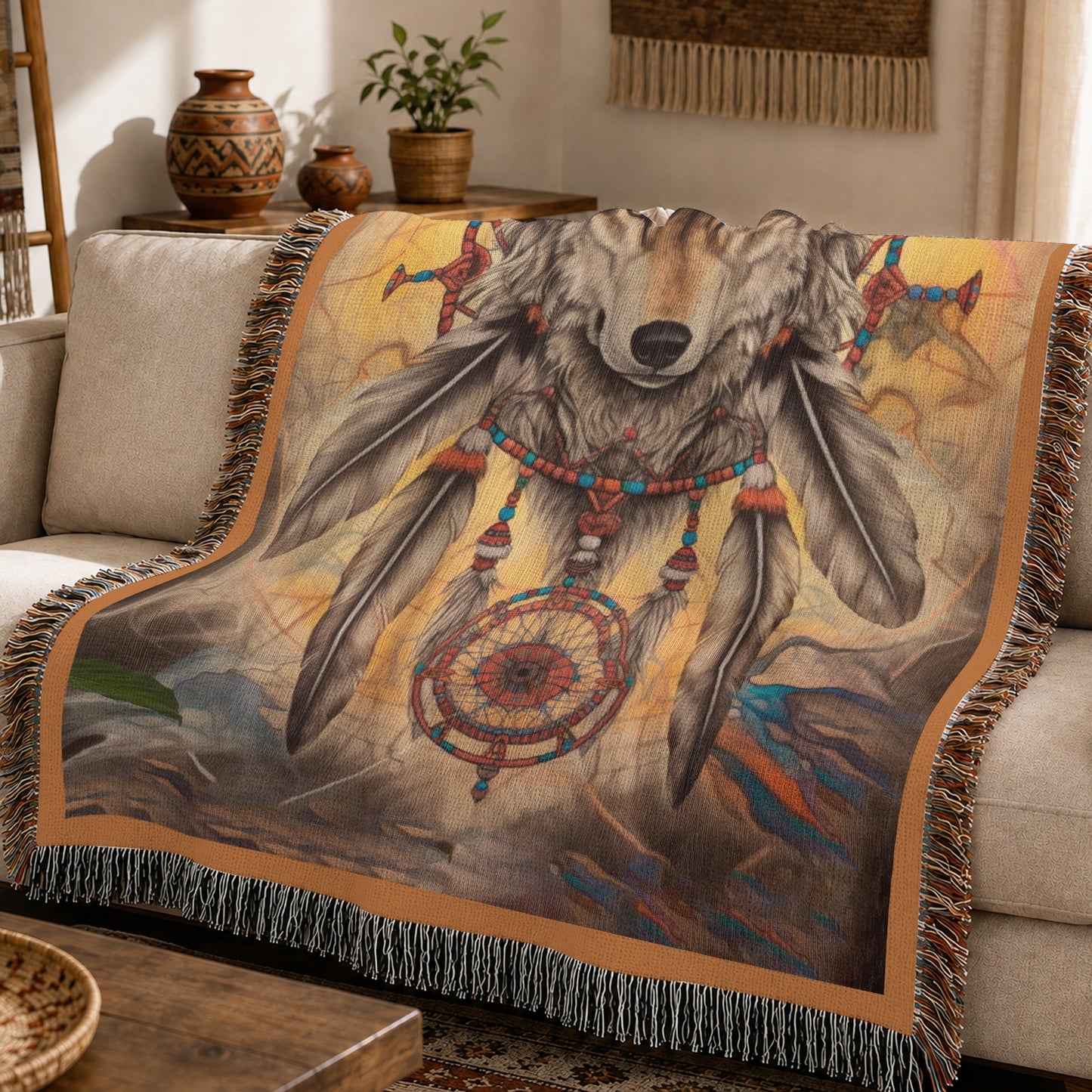 Native American Wolf Woven Throw Blanket - Dreamcatcher Decor