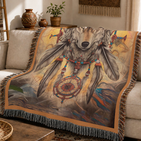 Native American Wolf Woven Throw Blanket - Dreamcatcher Decor