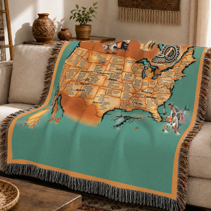 Native American Tribes Map Woven Throw Blanket - Heritage Decor