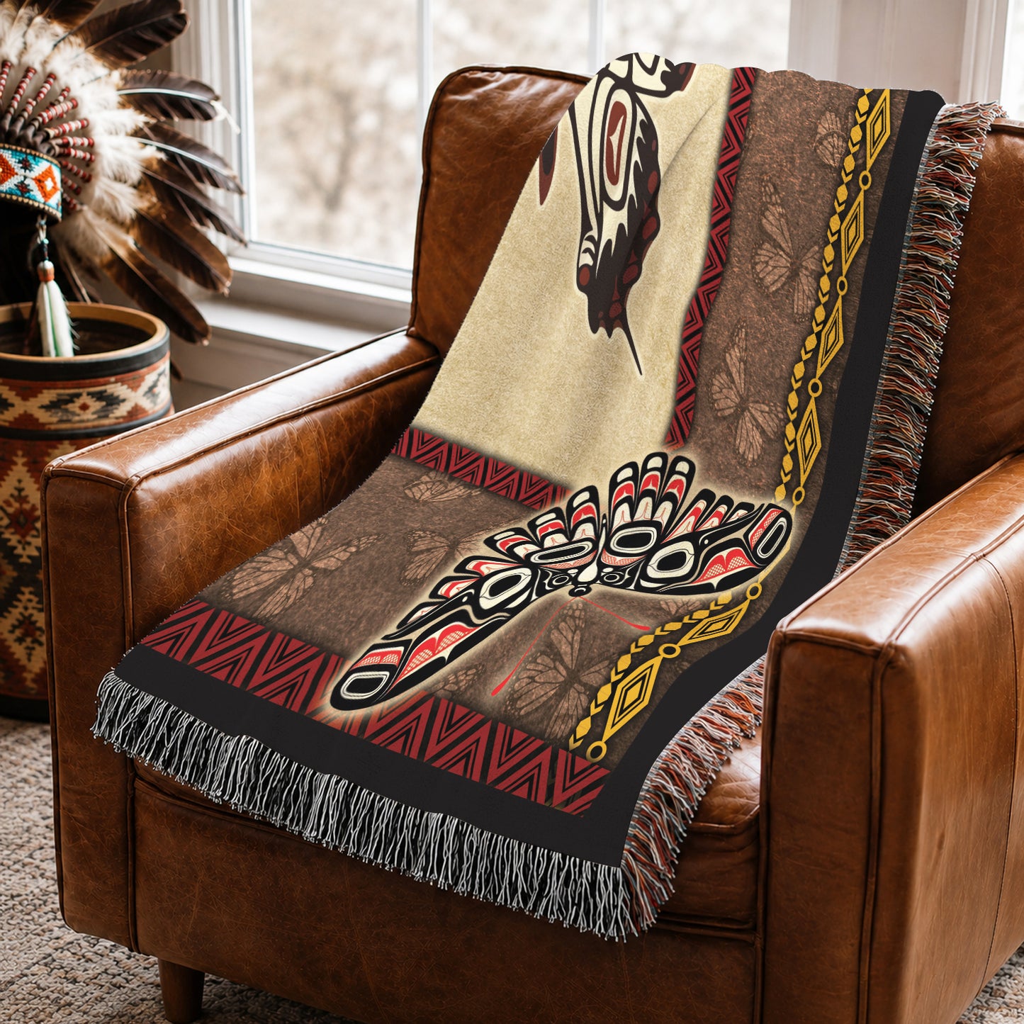 Native American Butterfly Woven Throw Blanket - Tribal Home Decor