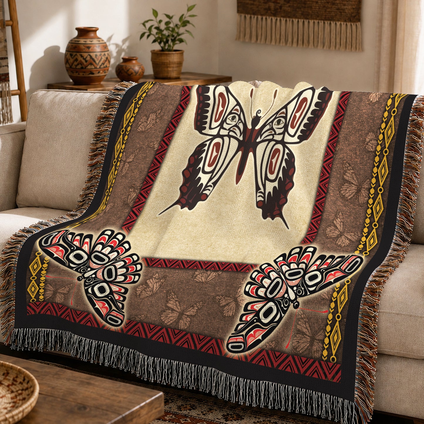Native American Butterfly Woven Throw Blanket - Tribal Home Decor
