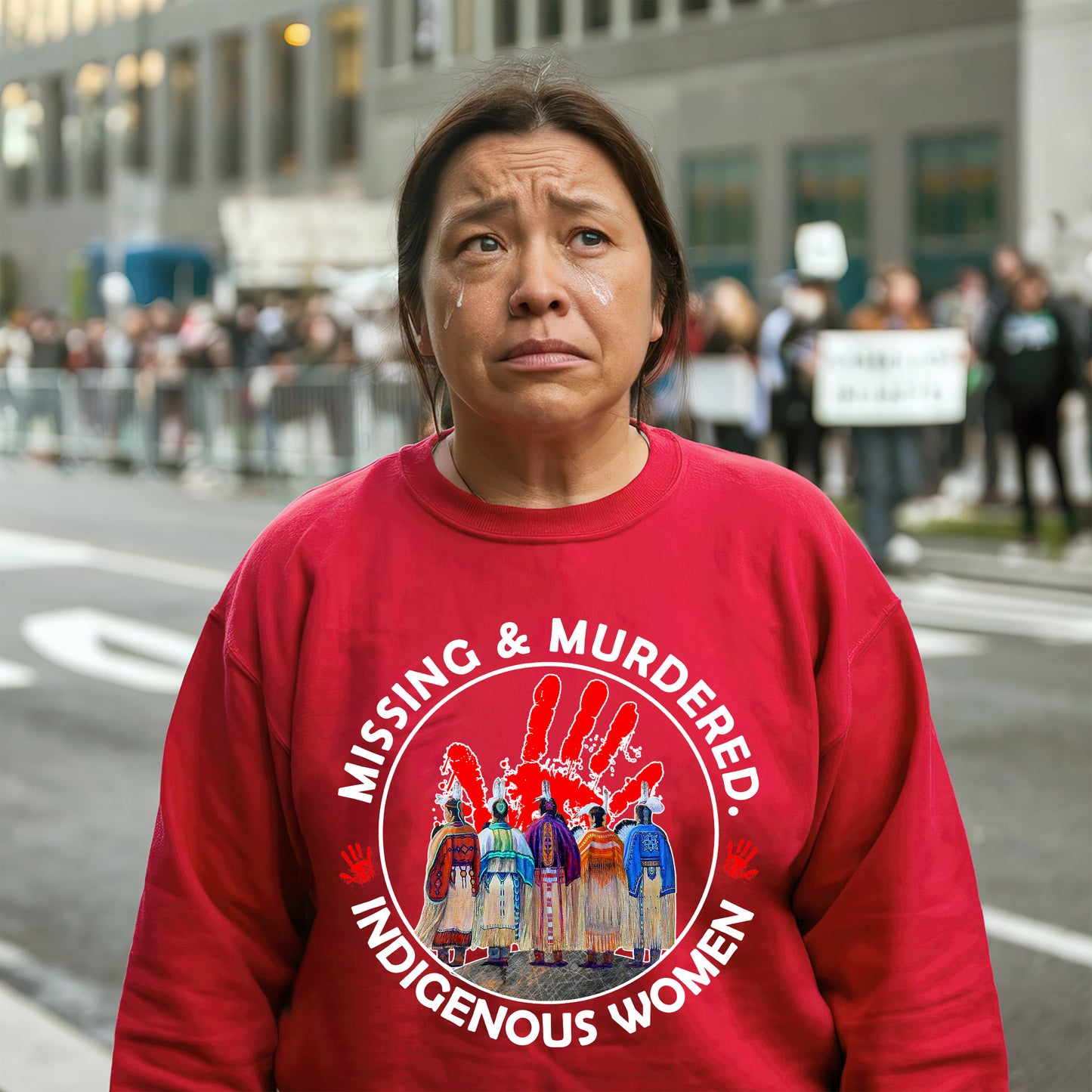 a woman in a red sweatshirt stands on the street