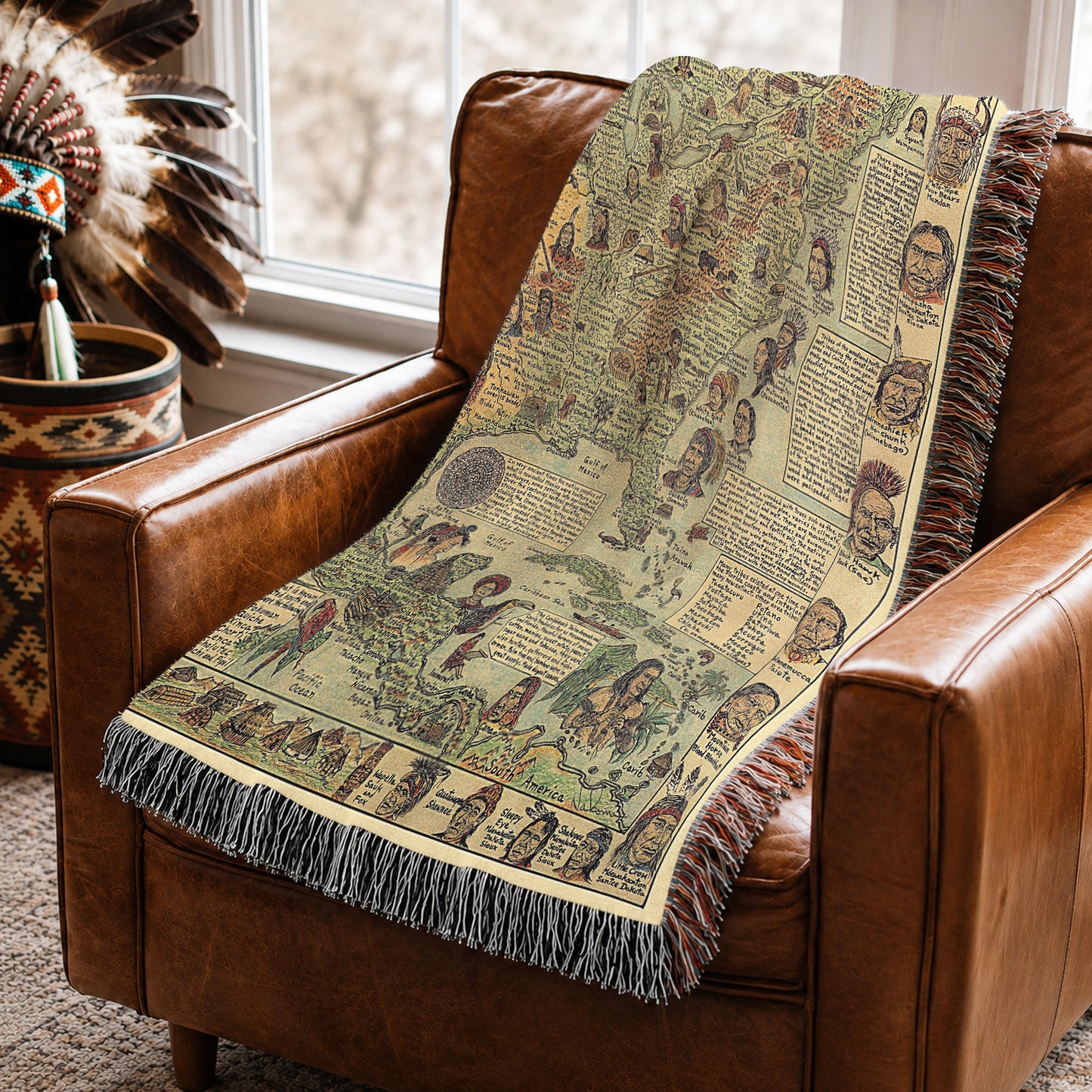Native American Map Woven Throw Blanket - Tribal Heritage Blanket