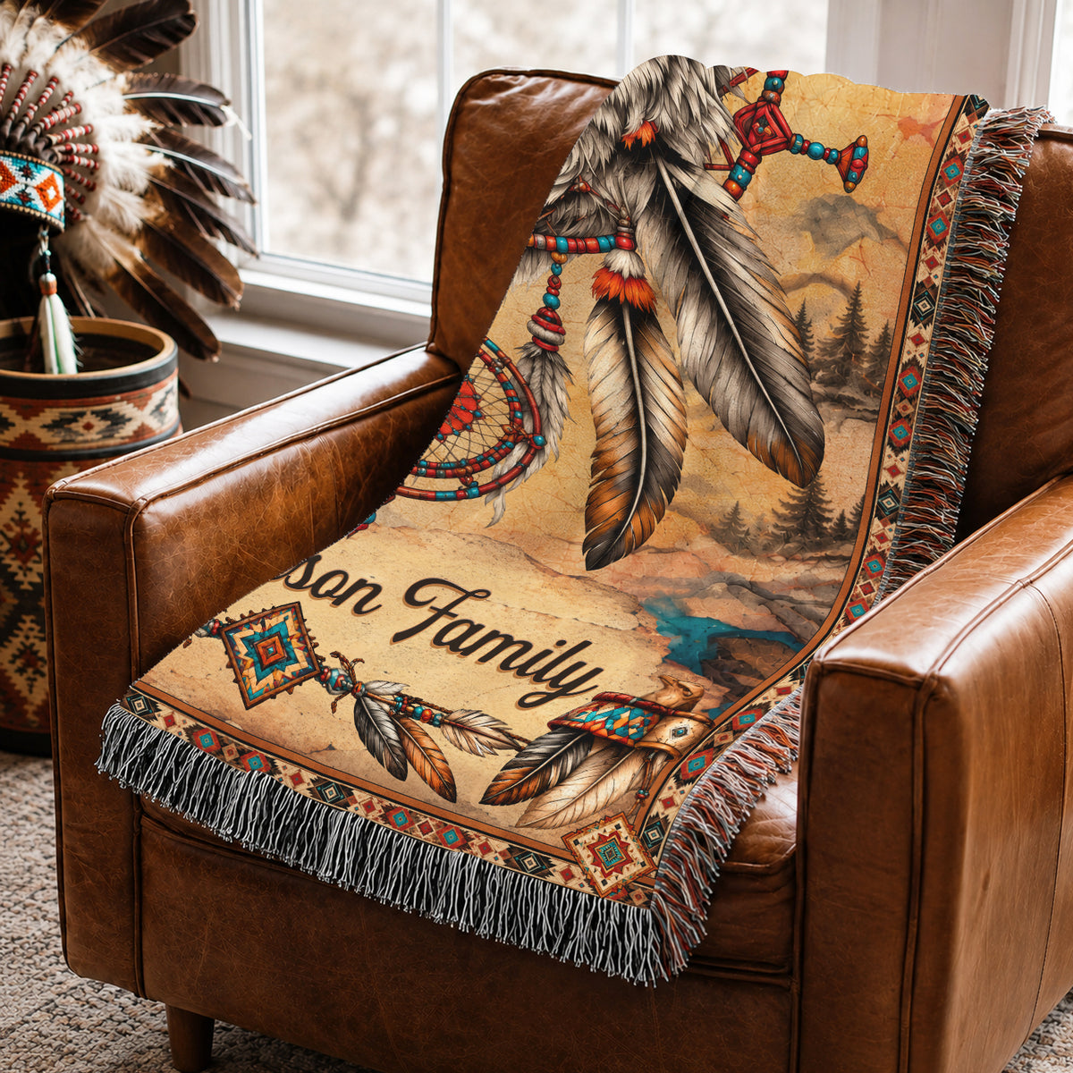 Custom Family Name Native American Wolf Woven Throw Blanket