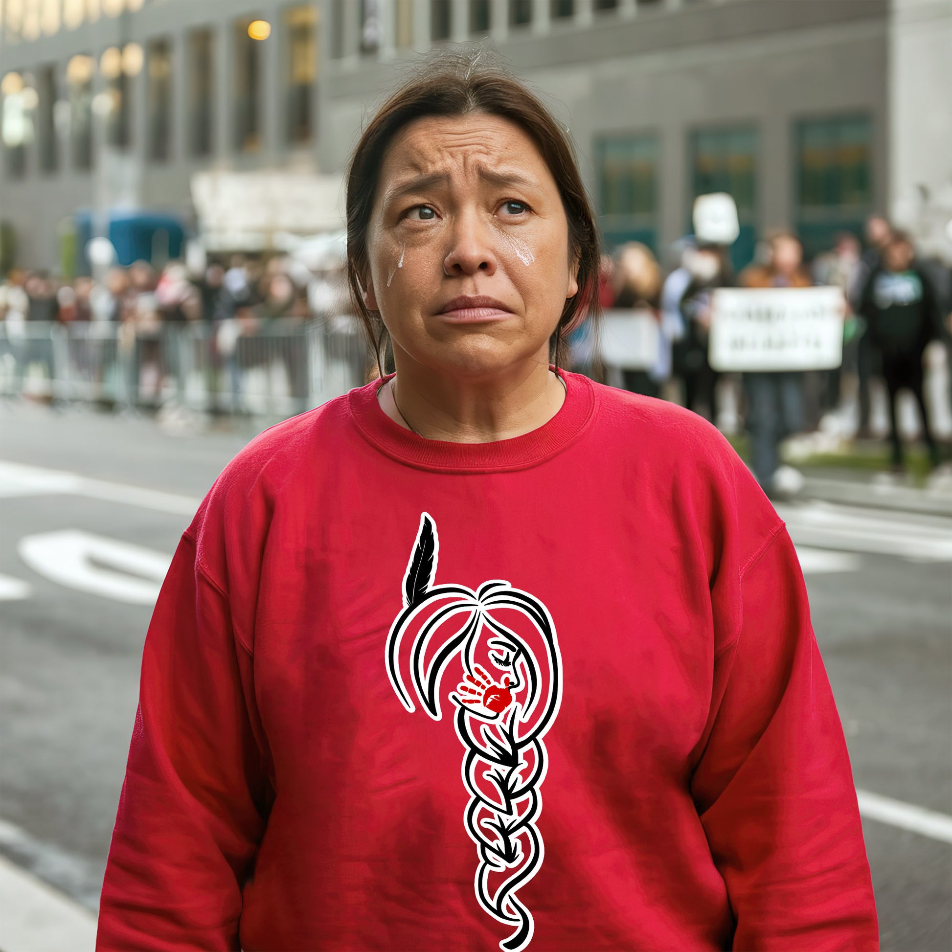 a woman in a red shirt standing on a street