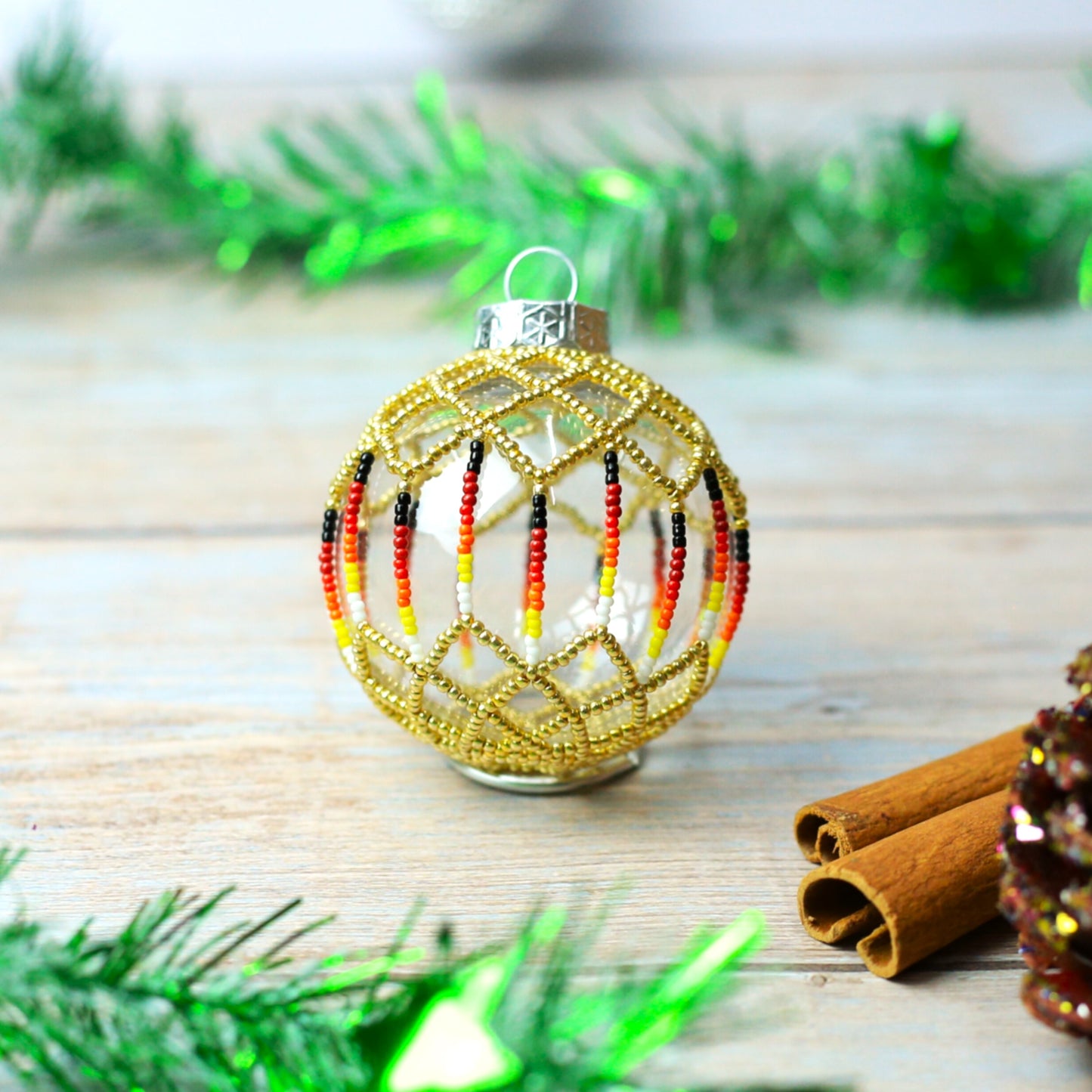 Gold Sparkly Handmade Beaded Ornament with Luminous Lights - Holiday Decor & Gifts