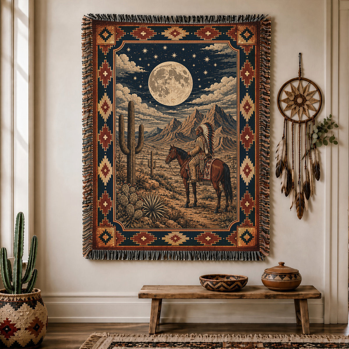 Native American Chief Horseback Moonlight Woven Throw Blanket