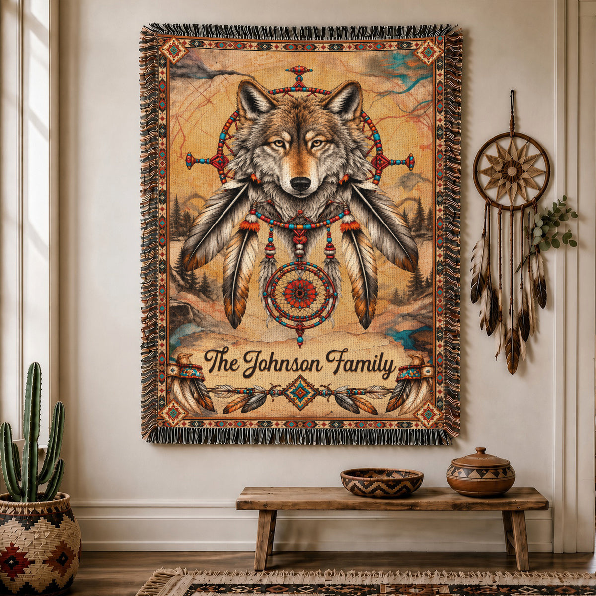 Custom Family Name Native American Wolf Woven Throw Blanket