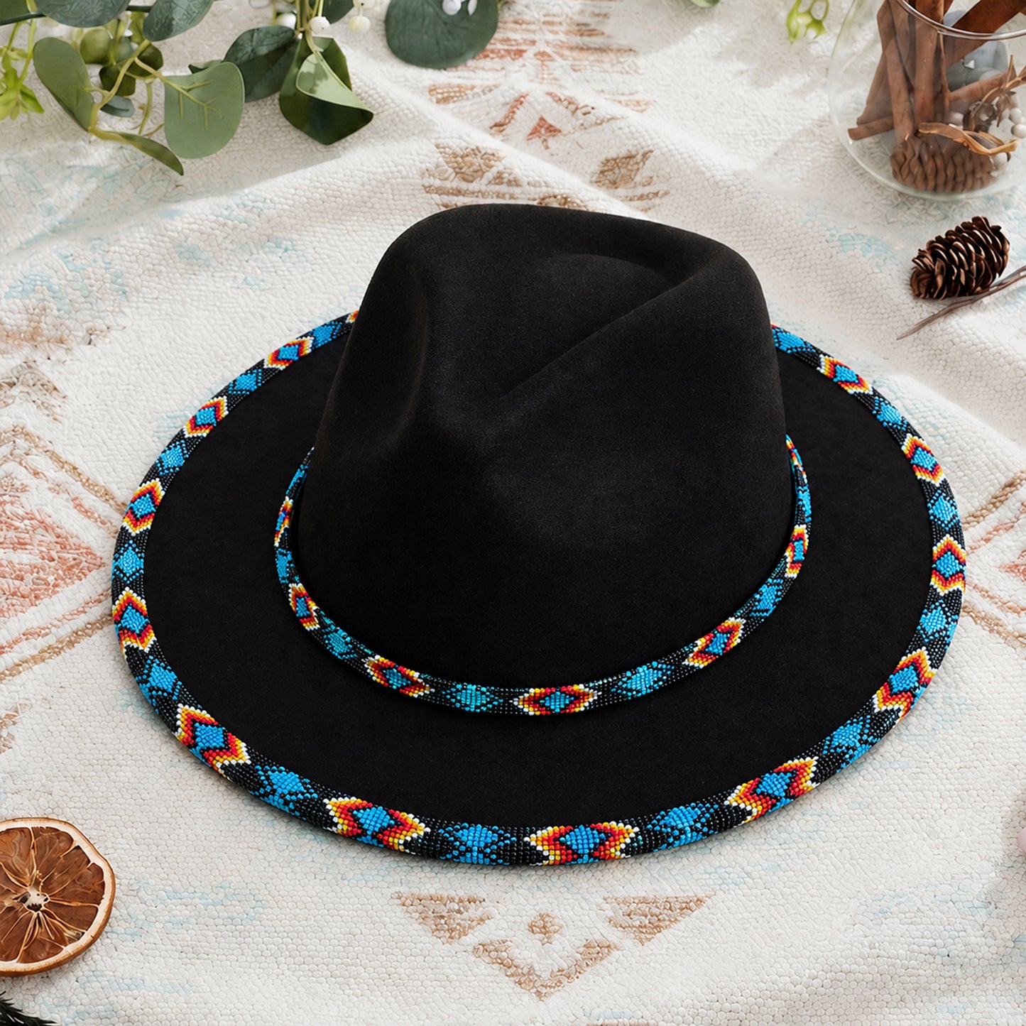 Orange Line Pattern Beaded Fedora Hatband for Men Women Beaded Brim with Native American Style