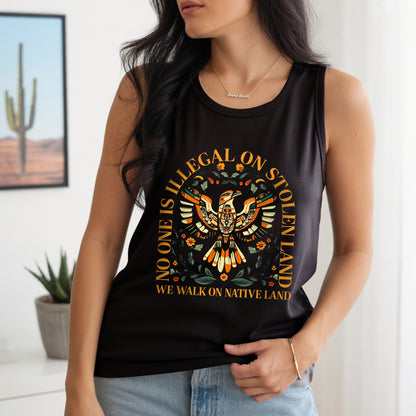 No One Is Illegal On Stolen Land Tribal Bird Floral Design Unisex Tank Top