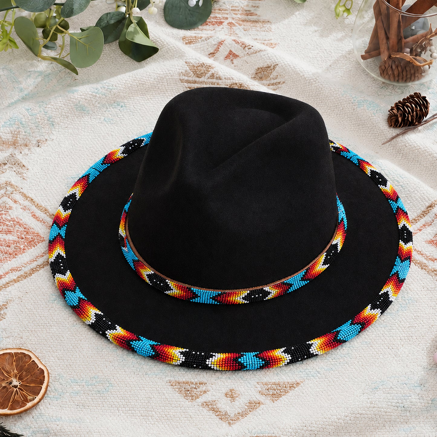 Orange Line Pattern Beaded Fedora Hatband for Men Women Beaded Brim with Native American Style