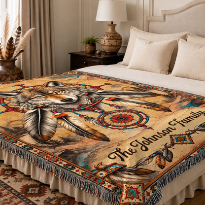 Custom Family Name Native American Wolf Woven Throw Blanket