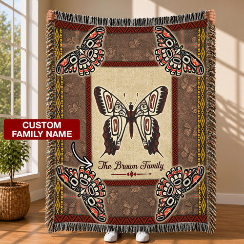 Custom Family Name Native American Butterfly Woven Throw Blanket