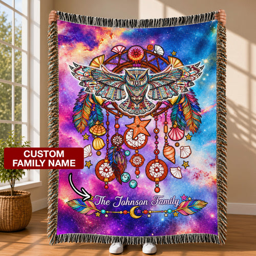 Custom Family Name Native American Owl Woven Throw Blanket