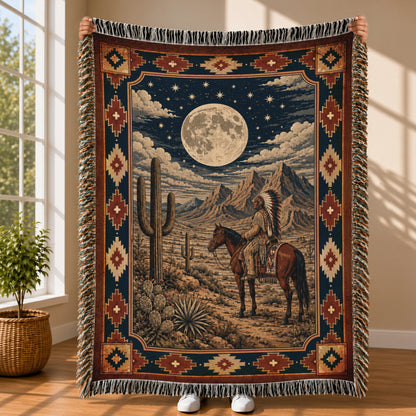 Native American Chief Horseback Moonlight Woven Throw Blanket