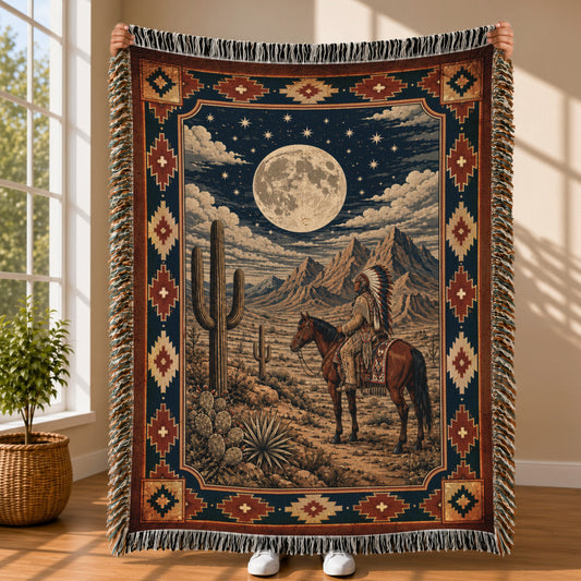 Native American Chief Horseback Moonlight Woven Throw Blanket