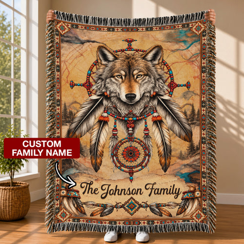 Custom Family Name Native American Wolf Woven Throw Blanket