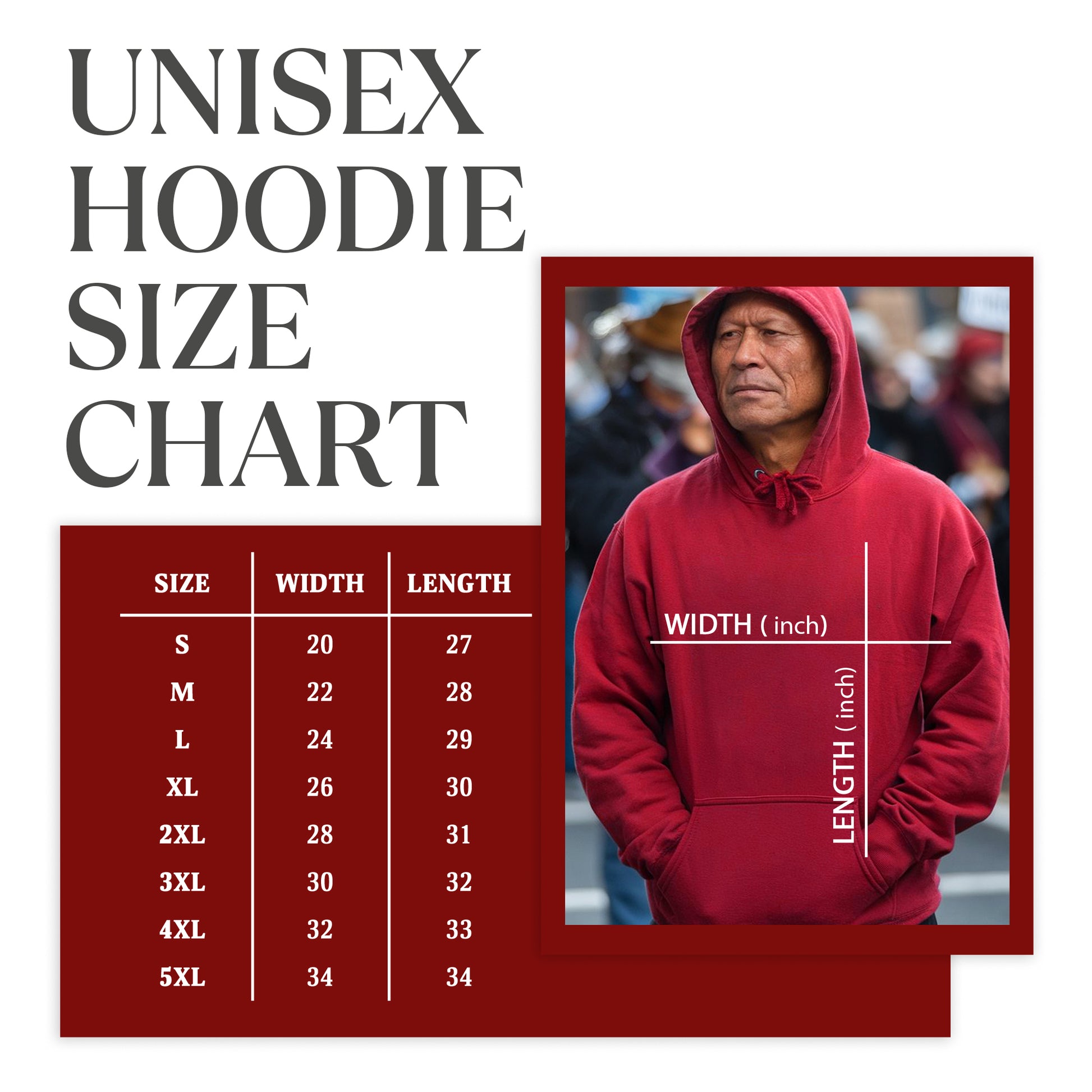 a man in a red hoodie size chart