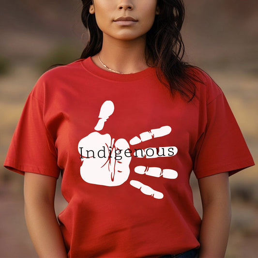 a woman wearing a red t - shirt that says indigenousous