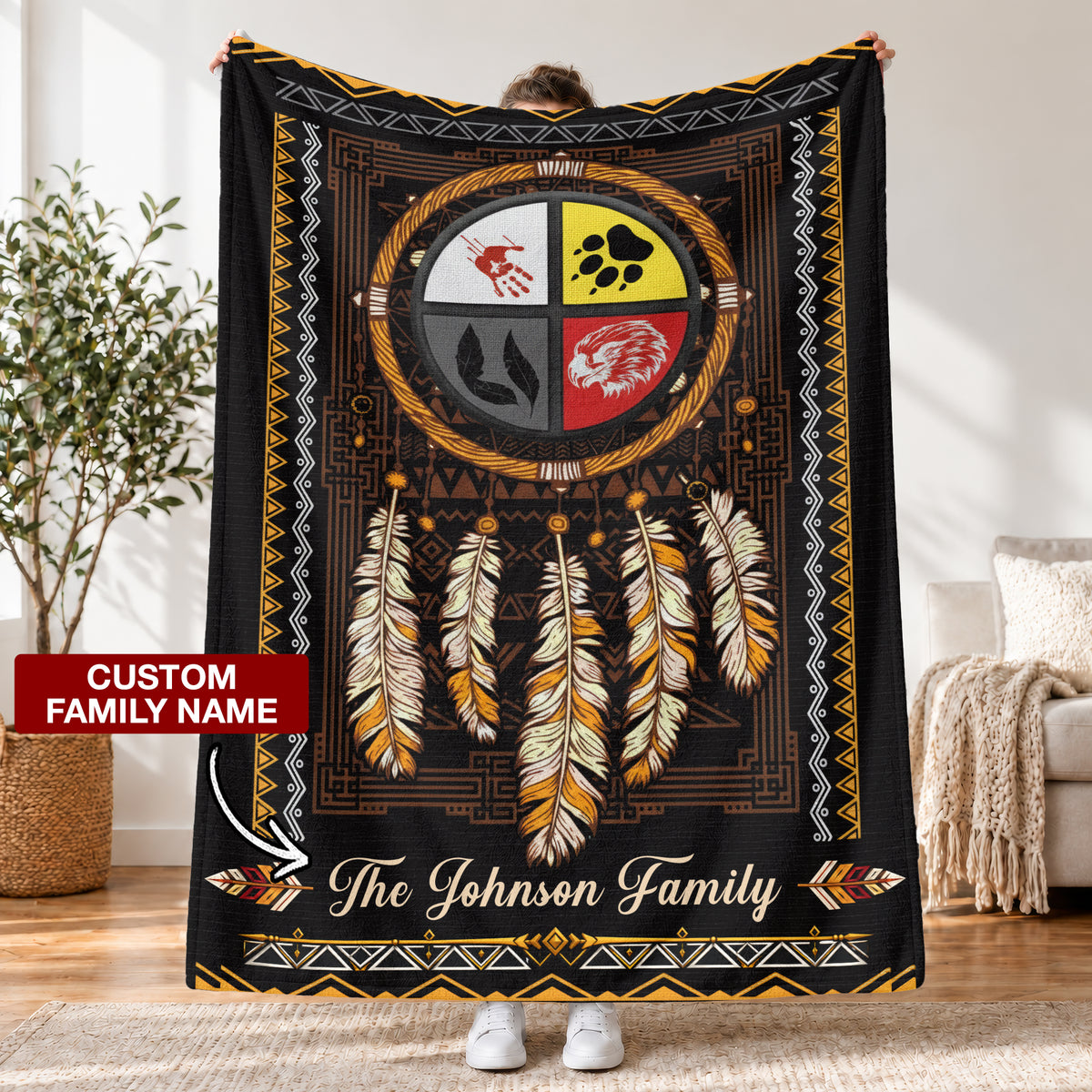 Custom Family Name Native American Traditional Pattern Fleece Blankets