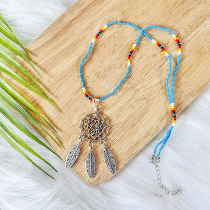 SALE 50% OFF - Long Silver Dreamcatcher White Lightning Handmade Beaded Necklace For Women With Native American Style