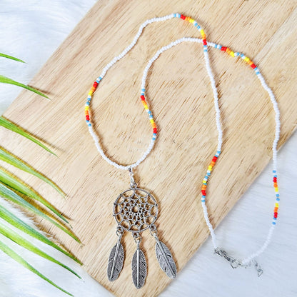 SALE 50% OFF - Long Silver Dreamcatcher Handmade Beaded Necklace For Women With Native American Style