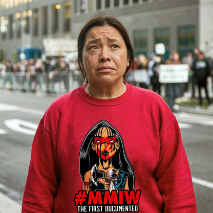 a woman wearing a red sweatshirt with a picture of a woman on it