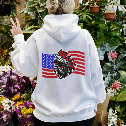 Native American Flag Tribal Chief Head with USA Flag Graphic - Two sides - Unisex T-Shirt/T-Shirt V-Neck/Hoodie/Sweatshirt