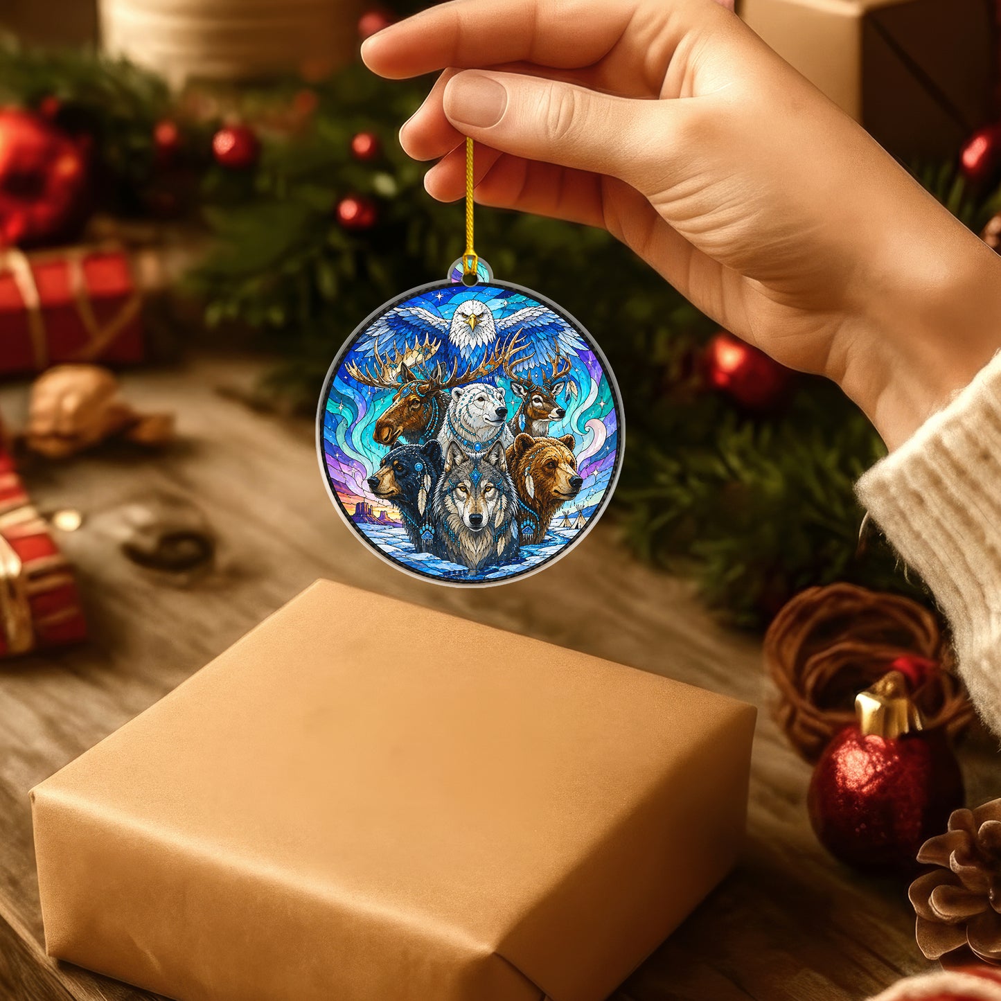 Wildlife Spirit Acrylic Ornament, Indigenous Inspired Animal Art, Unique Holiday Decoration