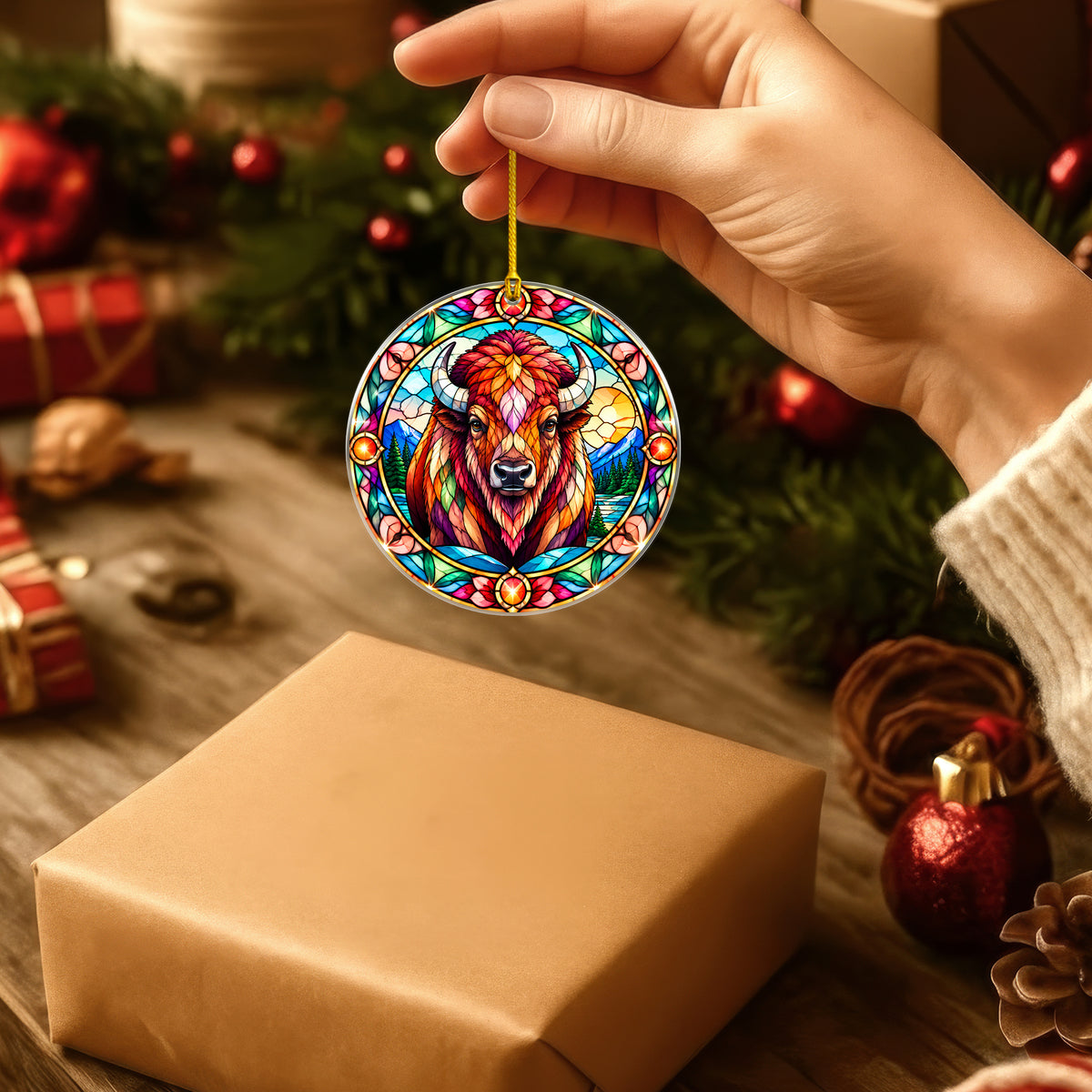 Buffalo Acrylic Ornament Stained Glass Style Christmas Decor