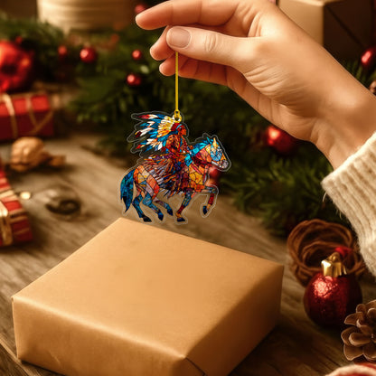 Native American Horse Rider Indigenous Warrior Christmas Tree Decor Flat Acrylic