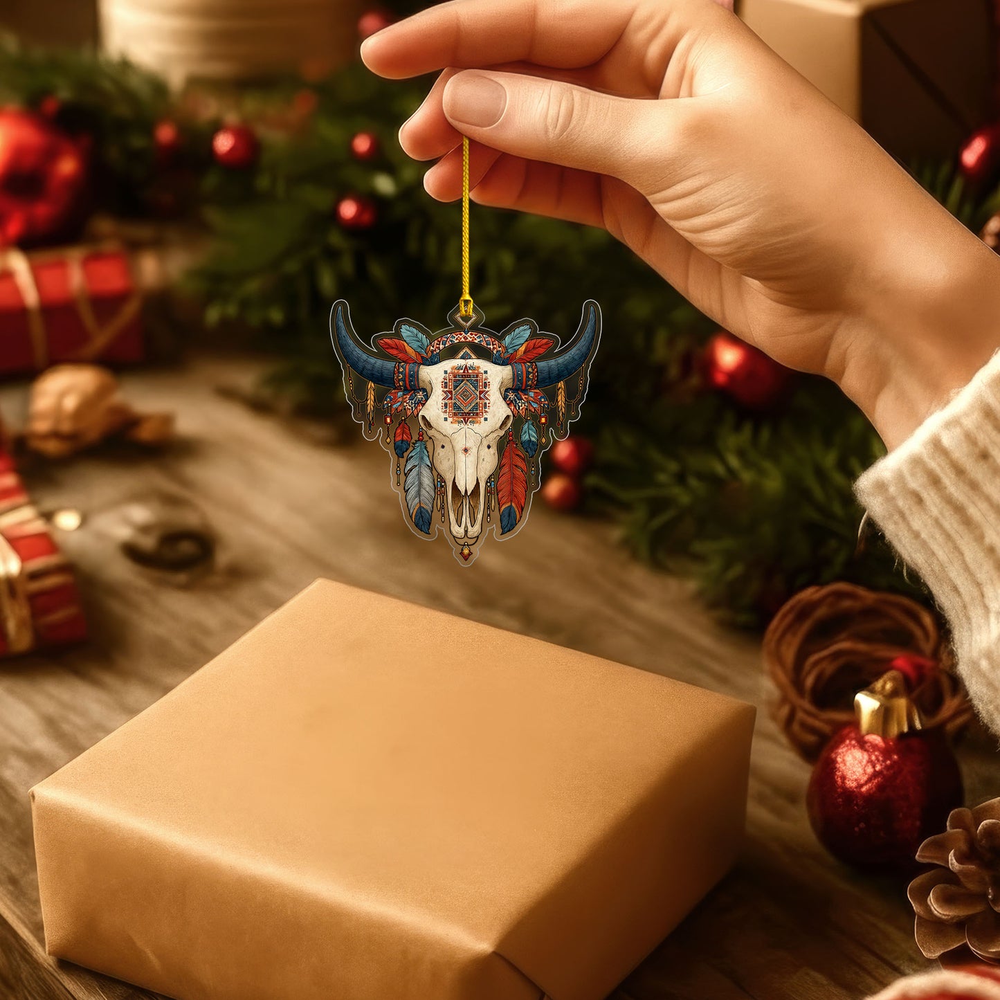 Buffalo Skull Native American - Tribal Feathers Christmas Decoration Gift Flat Acrylic