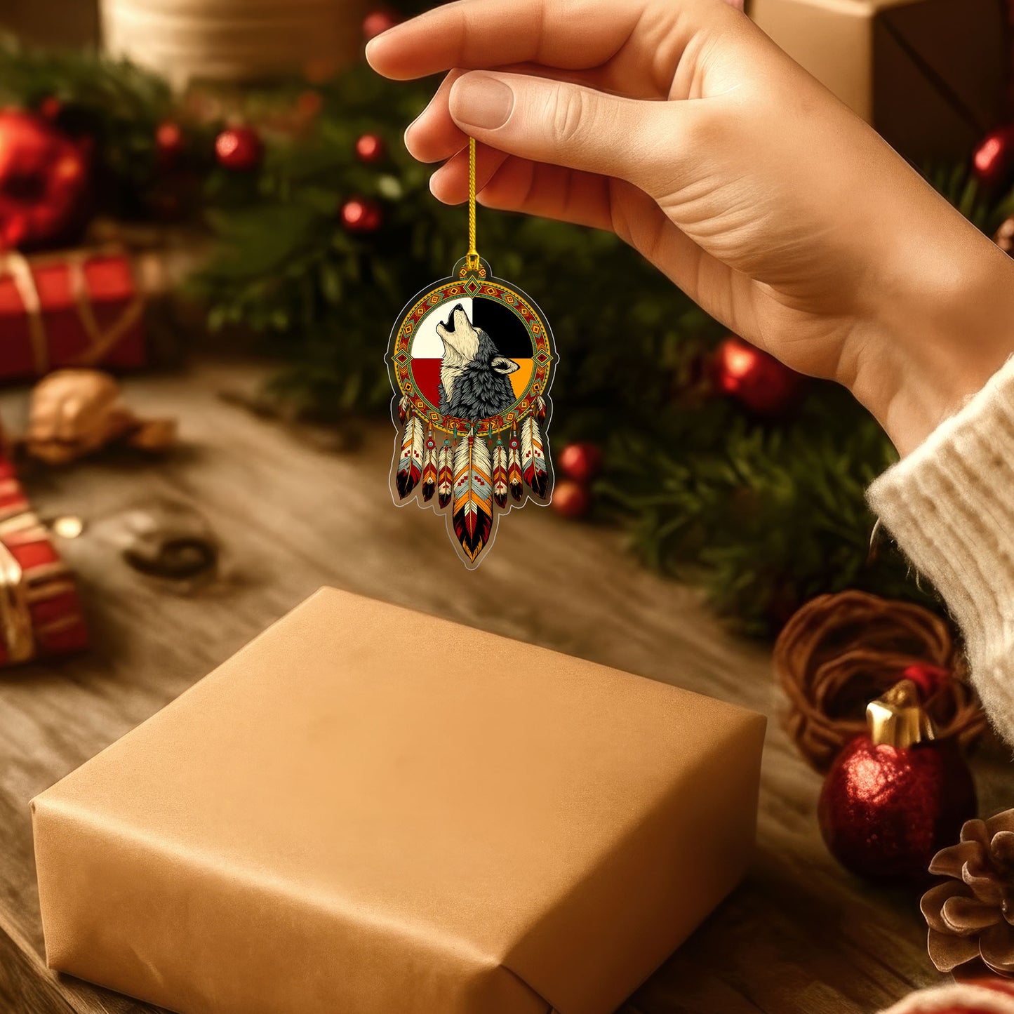 Medicine Wheel Wolf - Native American Feather - Unique Christmas Gift Flat Acrylic