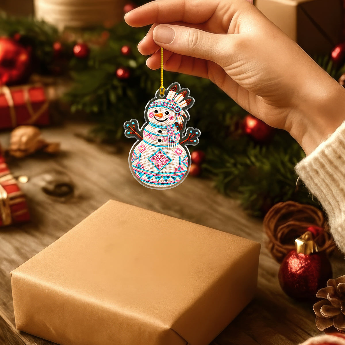 Native Snowman Christmas Acrylic Ornament, Beaded Style Decor