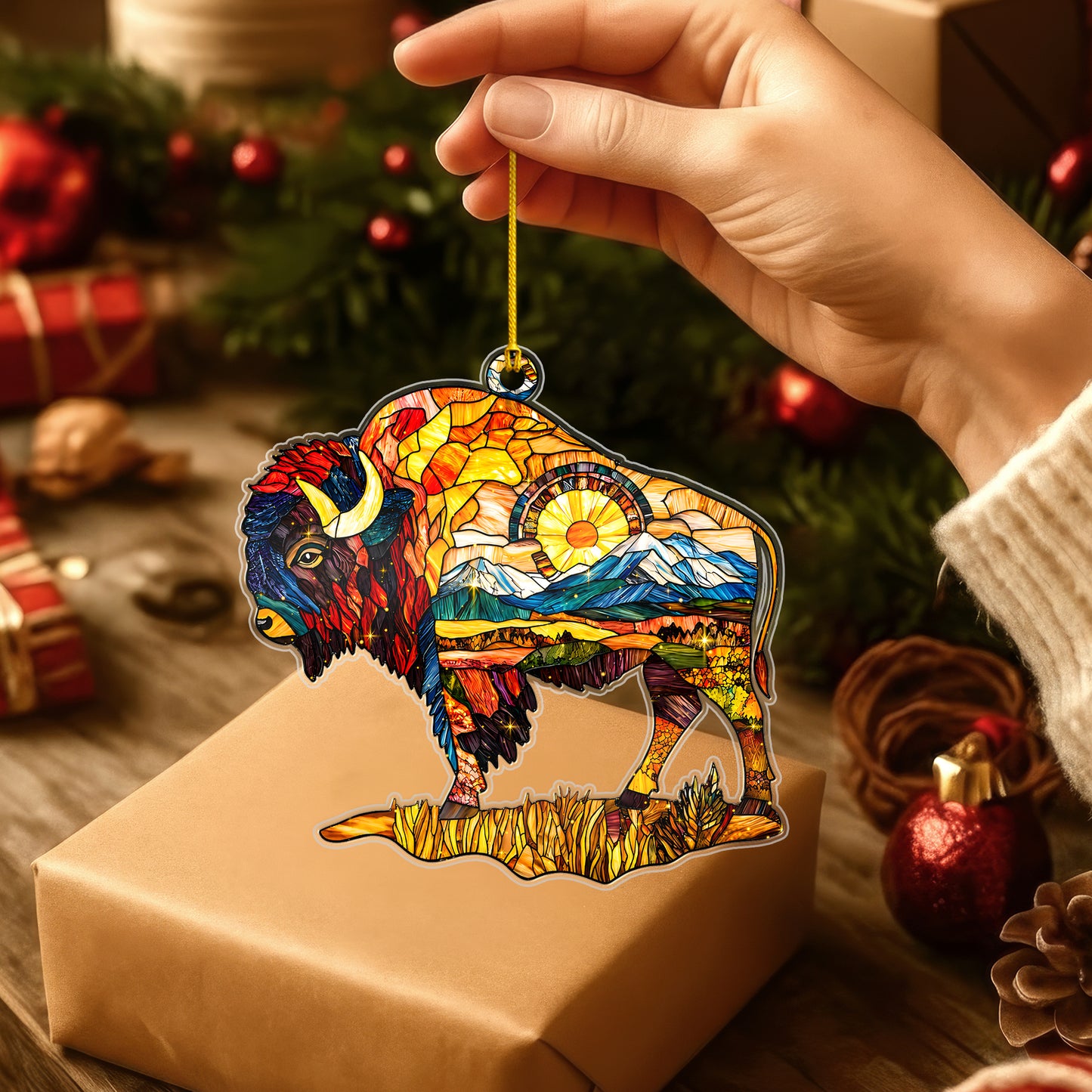 Stained Glass Bison Acrylic Ornament - Holiday Tree Decor