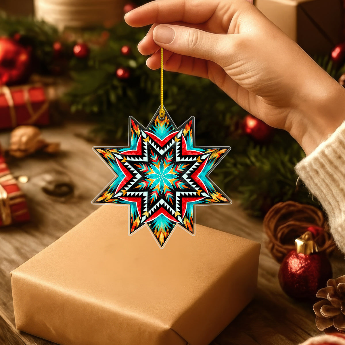 Turquoise Red Native Star Quilt Acrylic Christmas Ornament