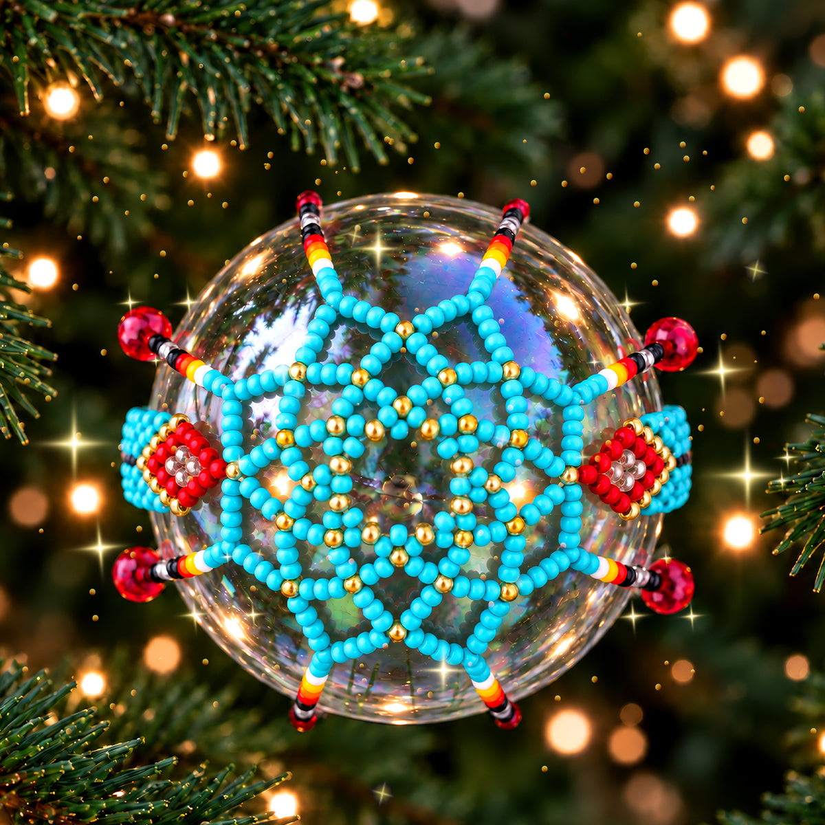 Red Beaded Christmas Ornament, Native-Inspired Holiday Decor