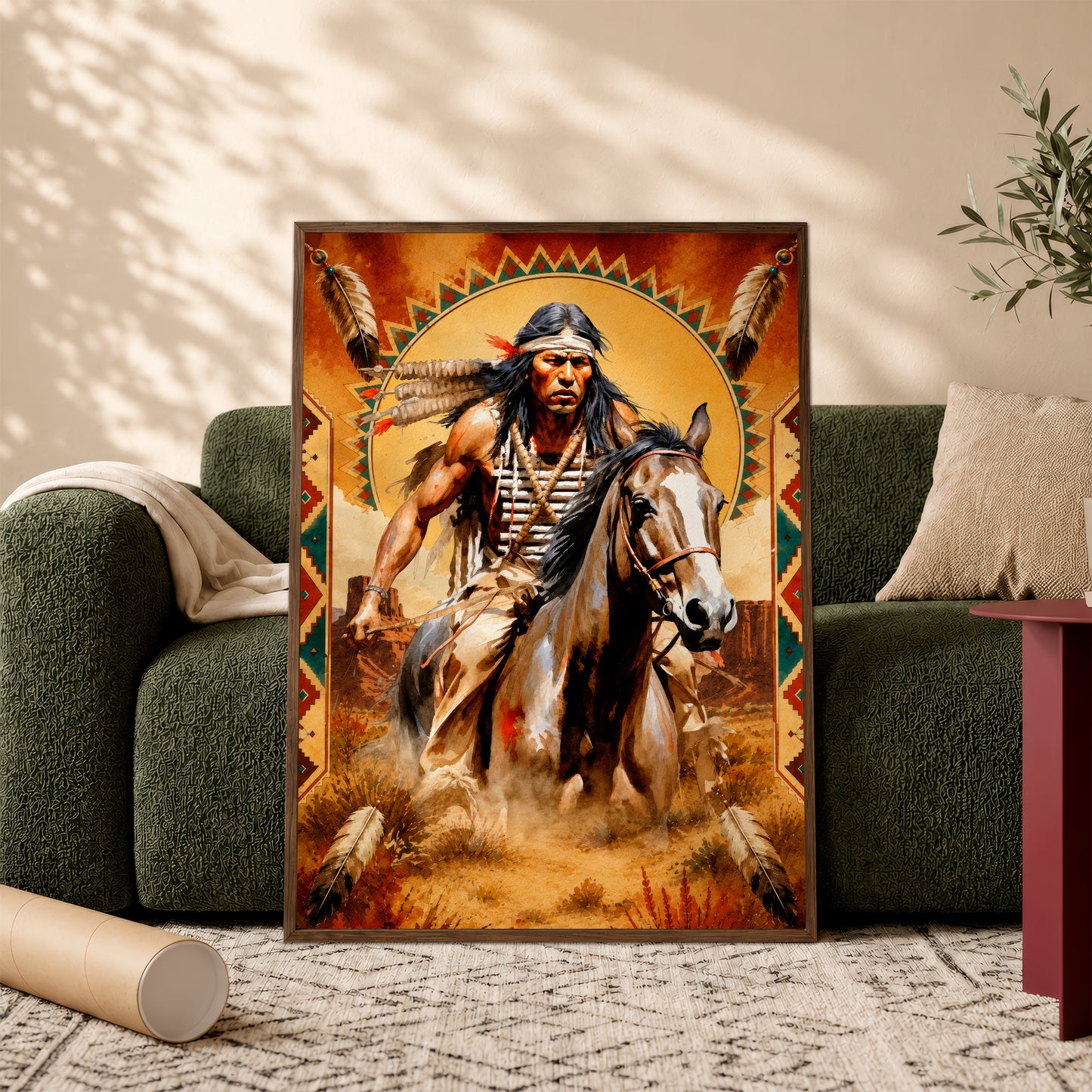 Native American Horseman Canvas Wall Art – Indigenous Warrior Inspired Western Decor