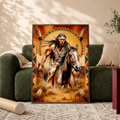 Native American Horseman Canvas Wall Art – Indigenous Warrior Inspired Western Decor