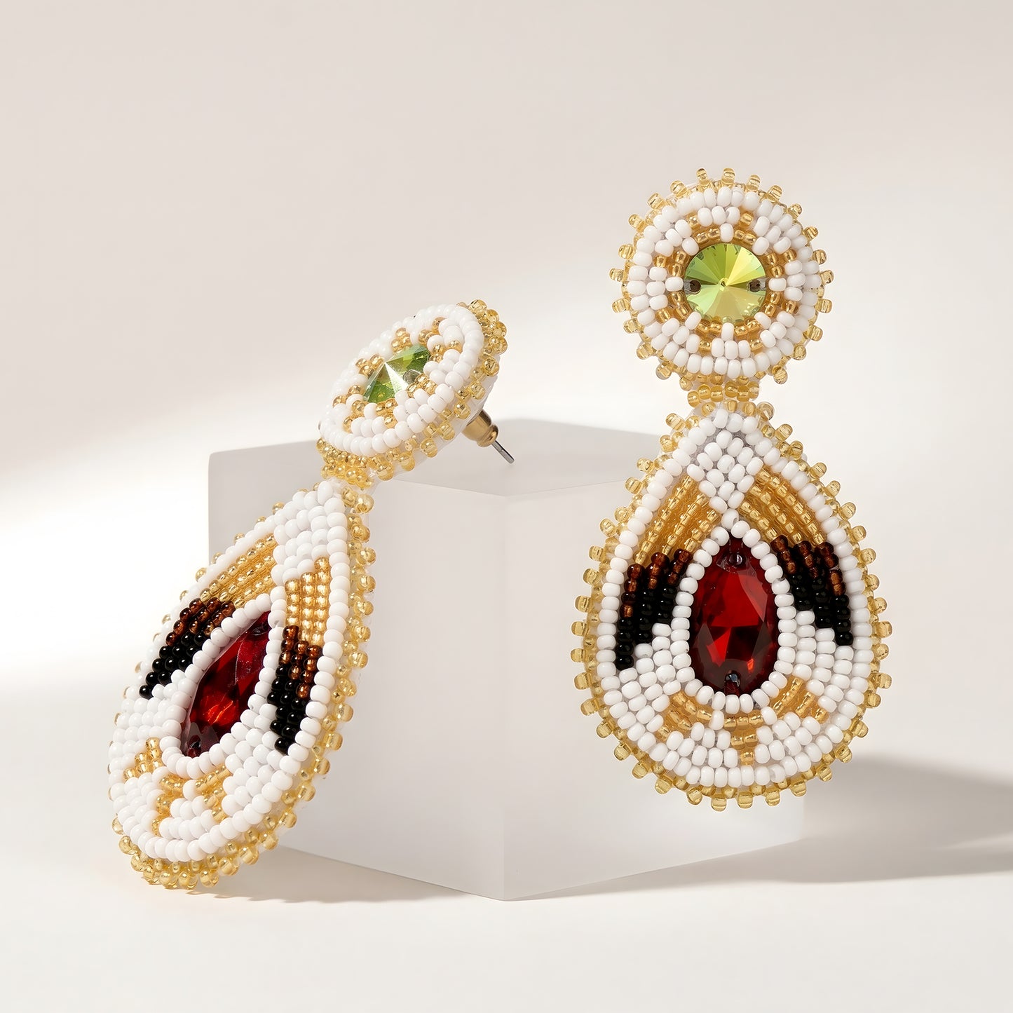 Handmade Beaded Teardrop Shape Post White Maroon Earrings