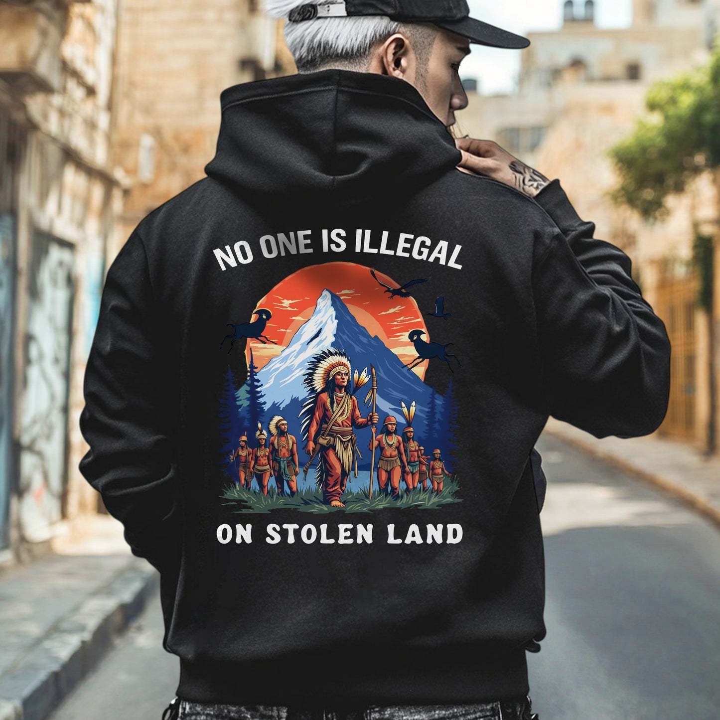 No One Is Illegal on Stolen Land Indigenous Graphic - Two sides - Unisex T-Shirt/T-Shirt V-Neck/Hoodie/Sweatshirt