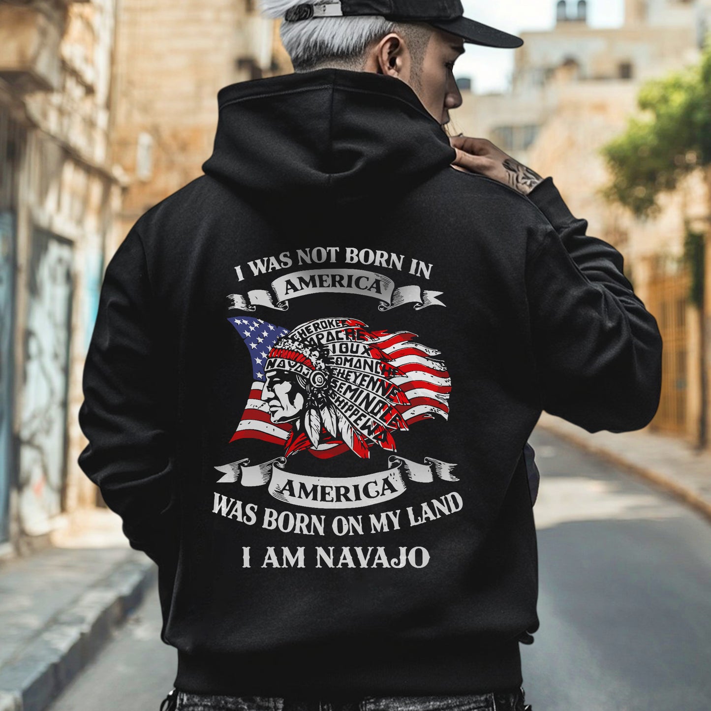 I Was Not Born in America Indigenous Heritage - Custom Tribe Design - Two sides - T-shirt/T-shirt V-neck/Hoodie/Sweatshirt