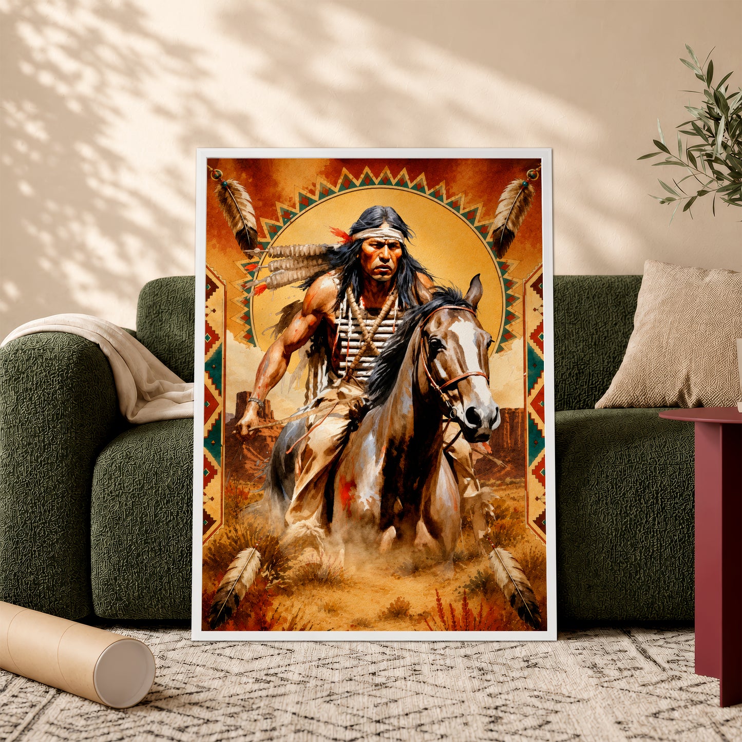 Native American Horseman Canvas Wall Art – Indigenous Warrior Inspired Western Decor