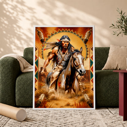 Native American Horseman Canvas Wall Art – Indigenous Warrior Inspired Western Decor
