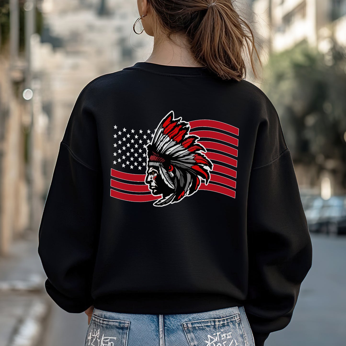 Native American Flag Tribal Chief Head with USA Flag Graphic - Two sides - Unisex T-Shirt/T-Shirt V-Neck/Hoodie/Sweatshirt