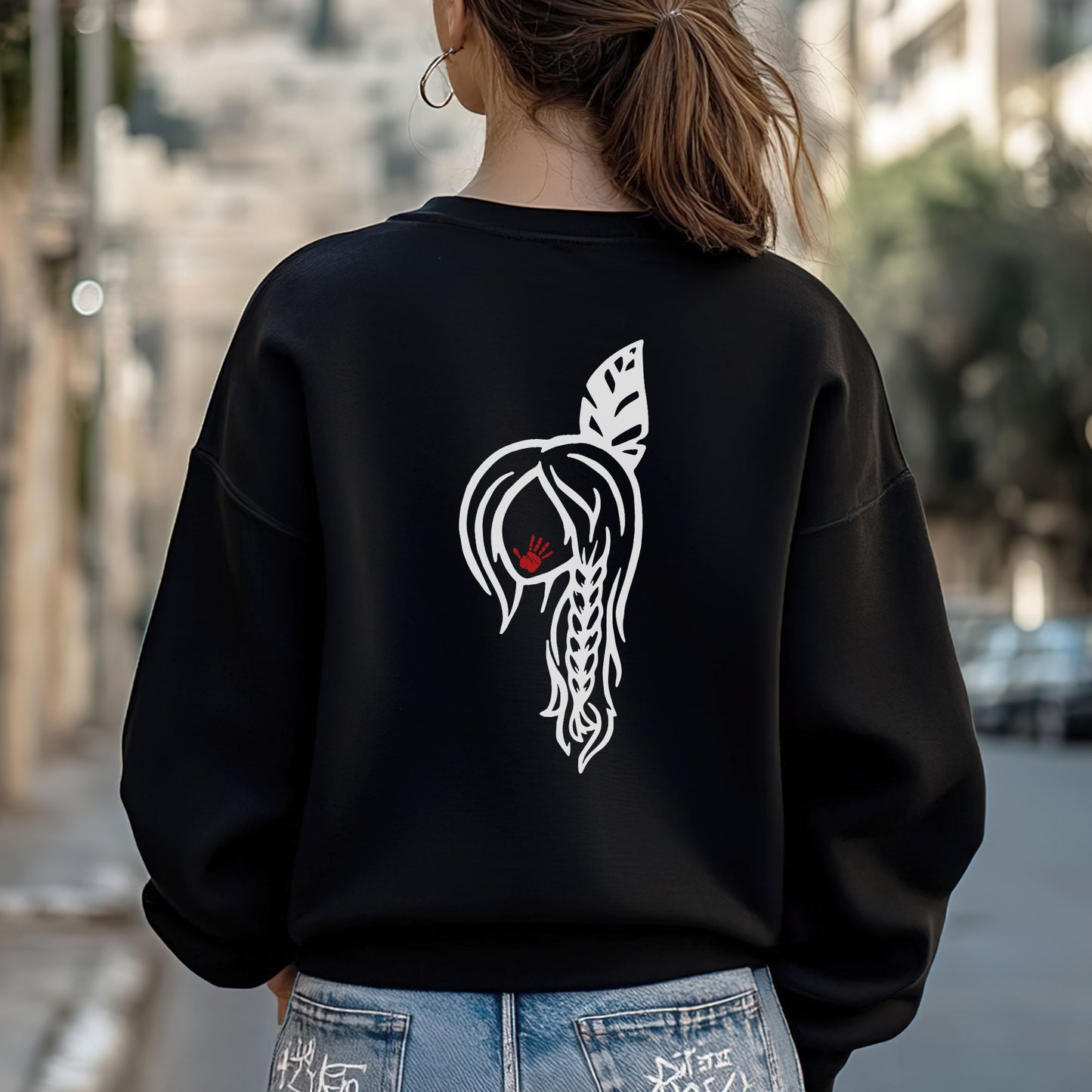 Braided Hair Red Handprint Indigenous Woman - Two Sides - MMIW Unisex T-Shirt/Hoodie/V-Neck/Sweatshirt