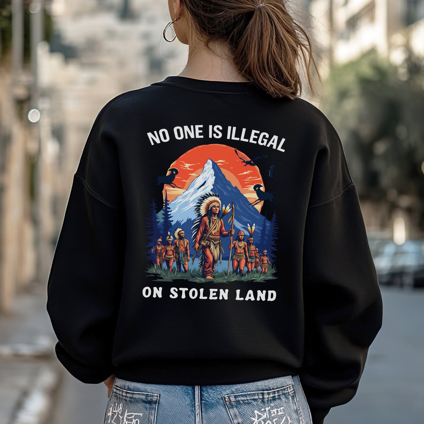No One Is Illegal on Stolen Land Indigenous Graphic - Two sides - Unisex T-Shirt/T-Shirt V-Neck/Hoodie/Sweatshirt