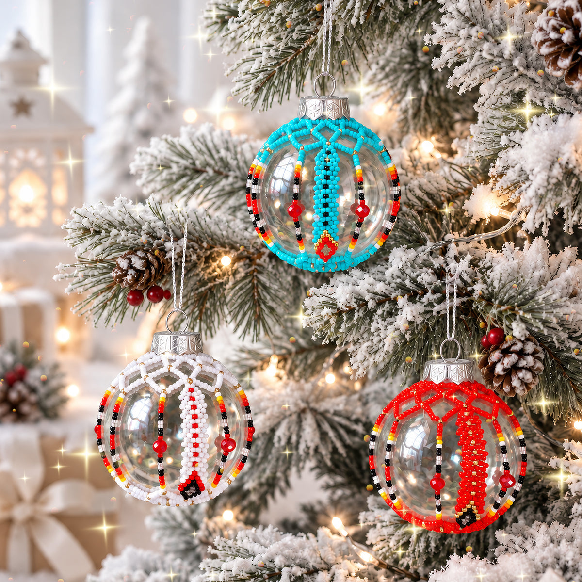 Red Beaded Christmas Ornament, Native-Inspired Holiday Decor